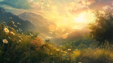 As the sun rises over the horizon, its golden rays bathe the mountain landscape in a warm, ethereal...