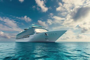 On waves of ocean, a beautiful large cruise ship floats AI Generative