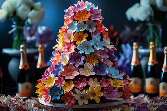 Generate an image of a lavish wedding anniversary cake resembling a blooming flower garden, with tiers of delicate petals in vibrant colors, and bottles of champagne arranged elegantly around