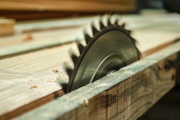 close view of the circular saw blade cutting a notch in timber