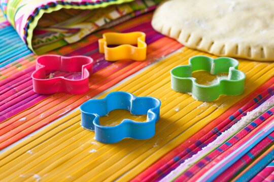 colorful plastic cutters with dough on vibrant mat