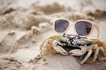 crab on sandy beach with oversized sunglasses - obrazy, fototapety, plakaty