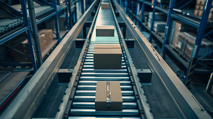 Product boxes on a conveyor belt in the warehouse of an ecommerce company, Generative AI