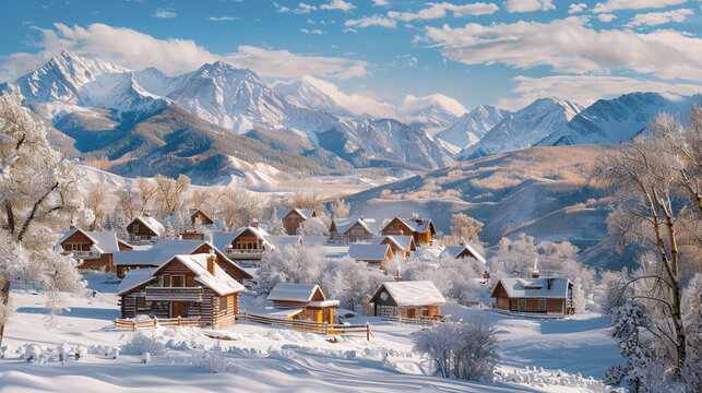 A cluster of rustic cabins nestled at the base of snow-capped mountains, surrounded by a pristine winter wonderland of frosted trees and glistening peaks. 32K.