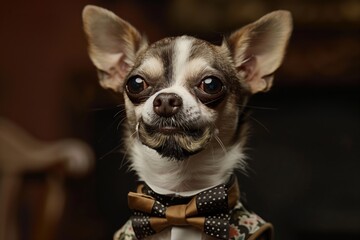 chihuahua with a miniature goatee and bow tie - obrazy, fototapety, plakaty