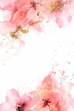 A watercolor painting of pink flowers with gold accents. The flowers are arranged in a way that creates a sense of movement and flow. The gold accents add a touch of elegance. Overall