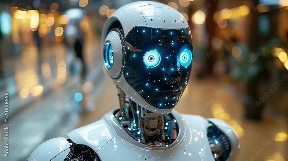 Aufkleber Robot With Glowing Eyes Standing in Front of Building