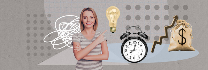 Panoramic photo collage young woman showing electrical lightbulb alarm clock dollars bag increase...