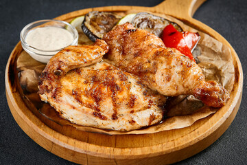 Grilled half chicken served with a savory blend of grilled vegetables and creamy sauce