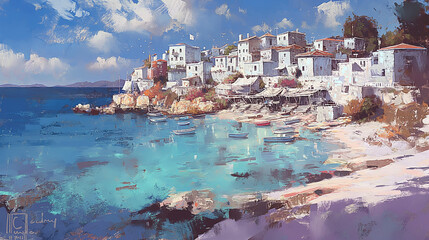 Seaside village landscape with boats and clear water. Oil painting style illustration. Mediterranean travel and tourism concept. Design for travel brochures, destination posters, and seaside decor.