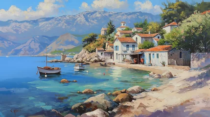 Foto op Canvas Seaside village landscape with boats and clear water. Oil painting style illustration. Mediterranean travel and tourism concept. Design for travel brochures, destination posters, and seaside decor. © Diana