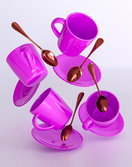 Multi-colored cups and saucers spoons levitate, fall, take off, soar, 3D rendering