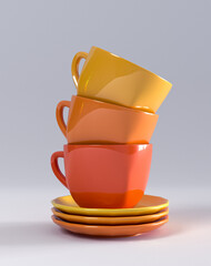 Multi-colored cups and saucers stand on top of each other, 3D rendering