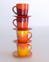 Multi-colored cups and saucers stand on top of each other, 3D rendering