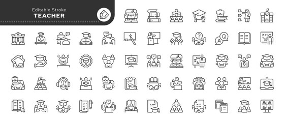 Set of line icons in linear style. Series - Teacher, teaching and education. Knowledge, teach, book, school and university. Outline icon collection. Conceptual pictogram and infographic.