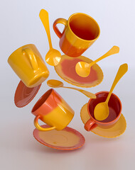 Multi-colored cups and saucers spoons levitate, fall, take off, soar, 3D rendering