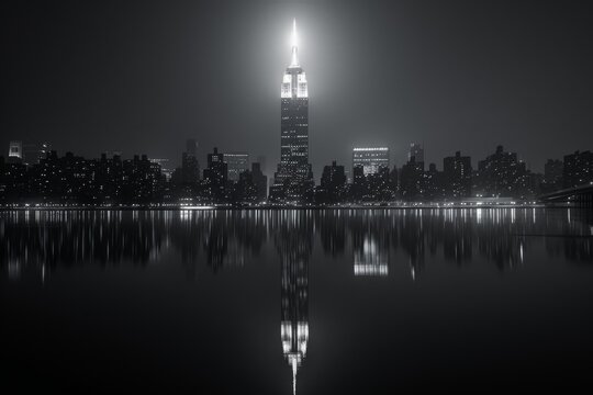 Fototapeta Black and white photo of a night city with tall buildings, selective focus