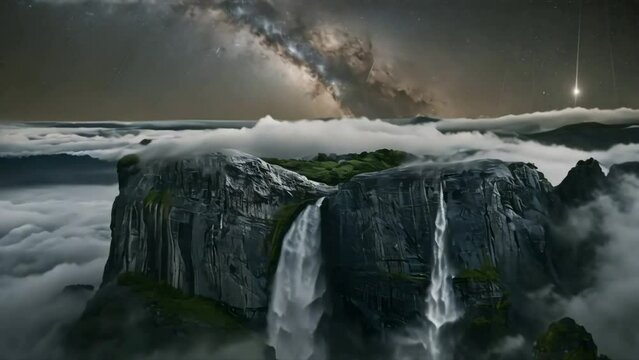 beautiful aerial view of a grand cliff and waterfall enveloped in fog, with a backdrop of mountains and sky
