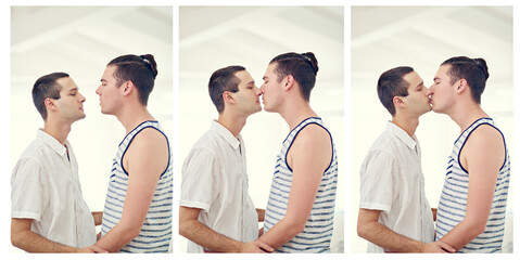 Collage, gay couple and men with kiss for love in relationship with holding hands, touch and...