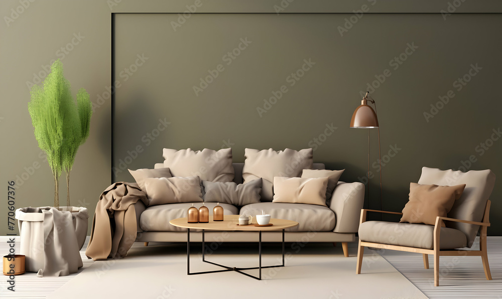 Wall mural interior living room with green walls, wooden floor, two beige sofas and coffee table. 3d rendering