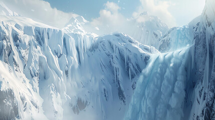 A frozen waterfall cascading down the sheer cliffs of a glacier, its crystalline veil shimmering in the cold mountain air against a backdrop of towering peaks. 32K.