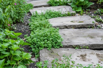 individual planting ground cover plants between garden stepping stones