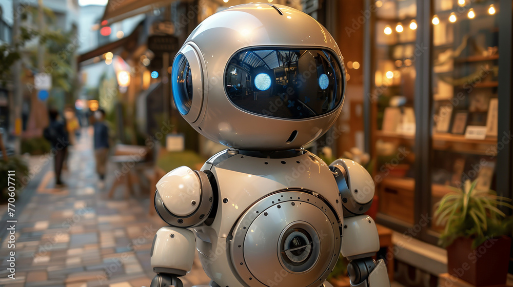 Poster Robot Standing on Sidewalk in Front of Store