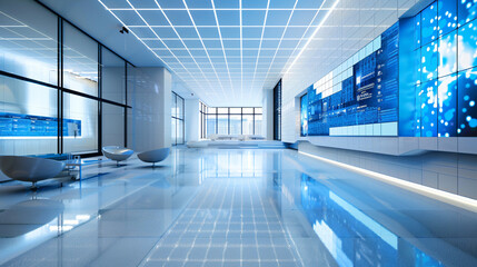 A high-tech corporate lobby with dynamic LED screens and a futuristic design.