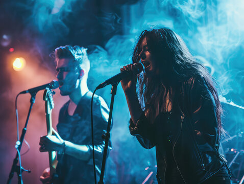 Indie rock band musicians performing live on stage at a concert