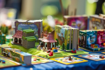 miniature board games set as party gifts on a table - obrazy, fototapety, plakaty