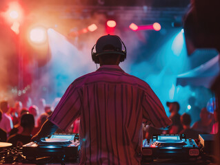 Male DJ live performance with baseball cap in front of a crowd at a nightclub