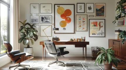 The sophisticated home office is adorned with a meticulously curated art display and classic mid-century furniture