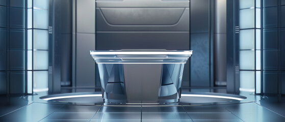 Sleek titanium podium in a hightech lab suitable for innovative technology presentations