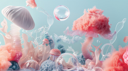 Sea Plants and Corals. Surreal Underwater Landscape in Pastel Colours. Fantasy psychedelic...