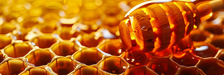 Golden Honey Jar and Honeycomb, Symbolizing Natural Sweetness and the Richness of Organic Produce - obrazy, fototapety, plakaty