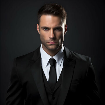 Portrait of handsome young man in black suit. Men's beauty, fashion