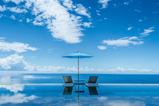 Imagine a scene of relaxation with a pair of reclining lounge chairs flanking a sleek glass table, shaded by a large blue umbrella, while wispy clouds dance overhead in the cool breeze