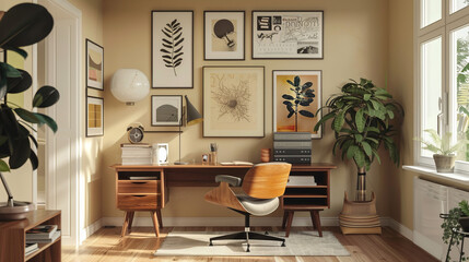 This cozy home office setup features a mid-century modern desk, comfortable chair, and a curated gallery wall with botanical prints and vintage art