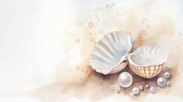 Sea shells and pearls on a soft watercolor background. Watercolor painting with copy space. Nautical theme and luxury jewelry concept. Design for greeting cards, invitations, and wedding stationery.