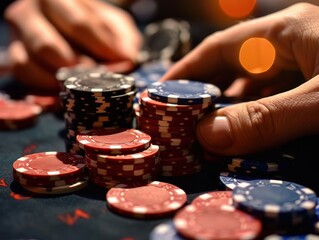 The clatter of chips on a latenight poker game where the stakes are high and the regrets higher - obrazy, fototapety, plakaty