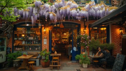 cafe with many flowers wisteria branches