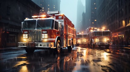 Fire truck with emergency lights on the street