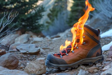 flaming hiking boot on a rocky trail