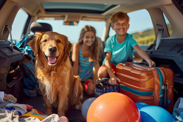 Happy Siblings and Golden Retriever Ready for Road Trip, Summer Vacation Fun
