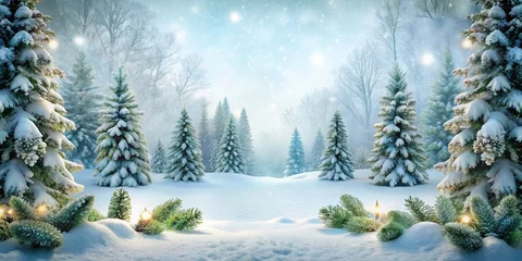  Winter christmas scenic landscape with copy space. Wooden flooring strewn with snow in forest with fir-trees covered with snow on nature. © mamo studios