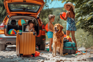Family and Pet Dog Ready for Beach Vacation, Excitement of Summer Trip