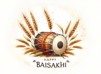 Happy baisakhi watercolor card illustration with dhol and wheats. - obrazy, fototapety, plakaty