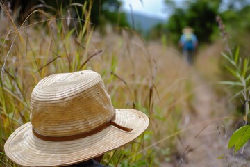lone hat on trail through field, hiker ahead