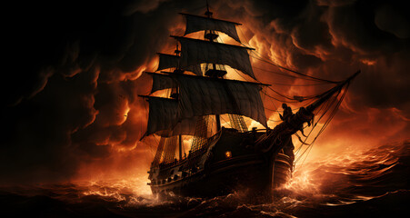an old fashioned sail boat in a heavy ocean storm - obrazy, fototapety, plakaty