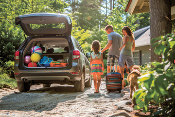 Family Road Trip Departure, Packing the Car for Summer Holiday Fun